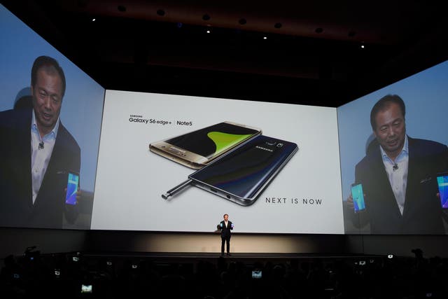 JK Shin, President and CEO of Samsung Electronics, unveils the Galaxy S6 Edge+ at the last Unpacked event in August 2015