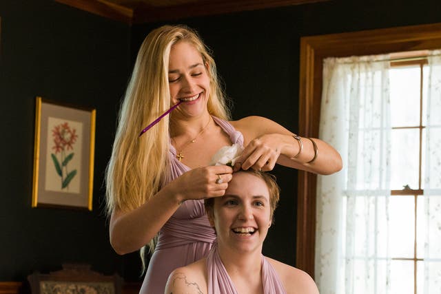 Lena Dunham and Jemima Kirke appear in Girls, an HBO television series that deals with themes of sexual assault