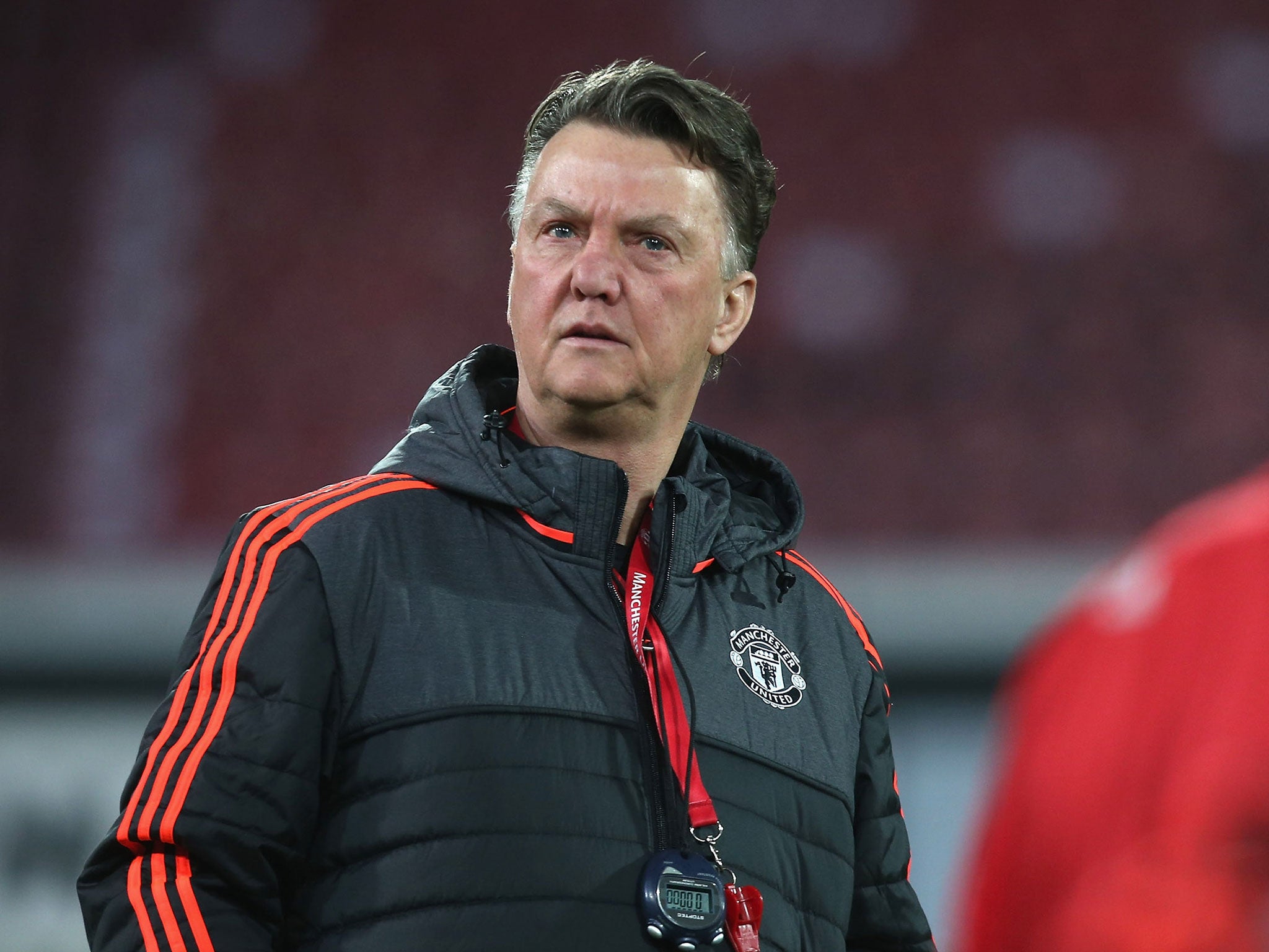 Manchester United manager Louis van Gaal looks on