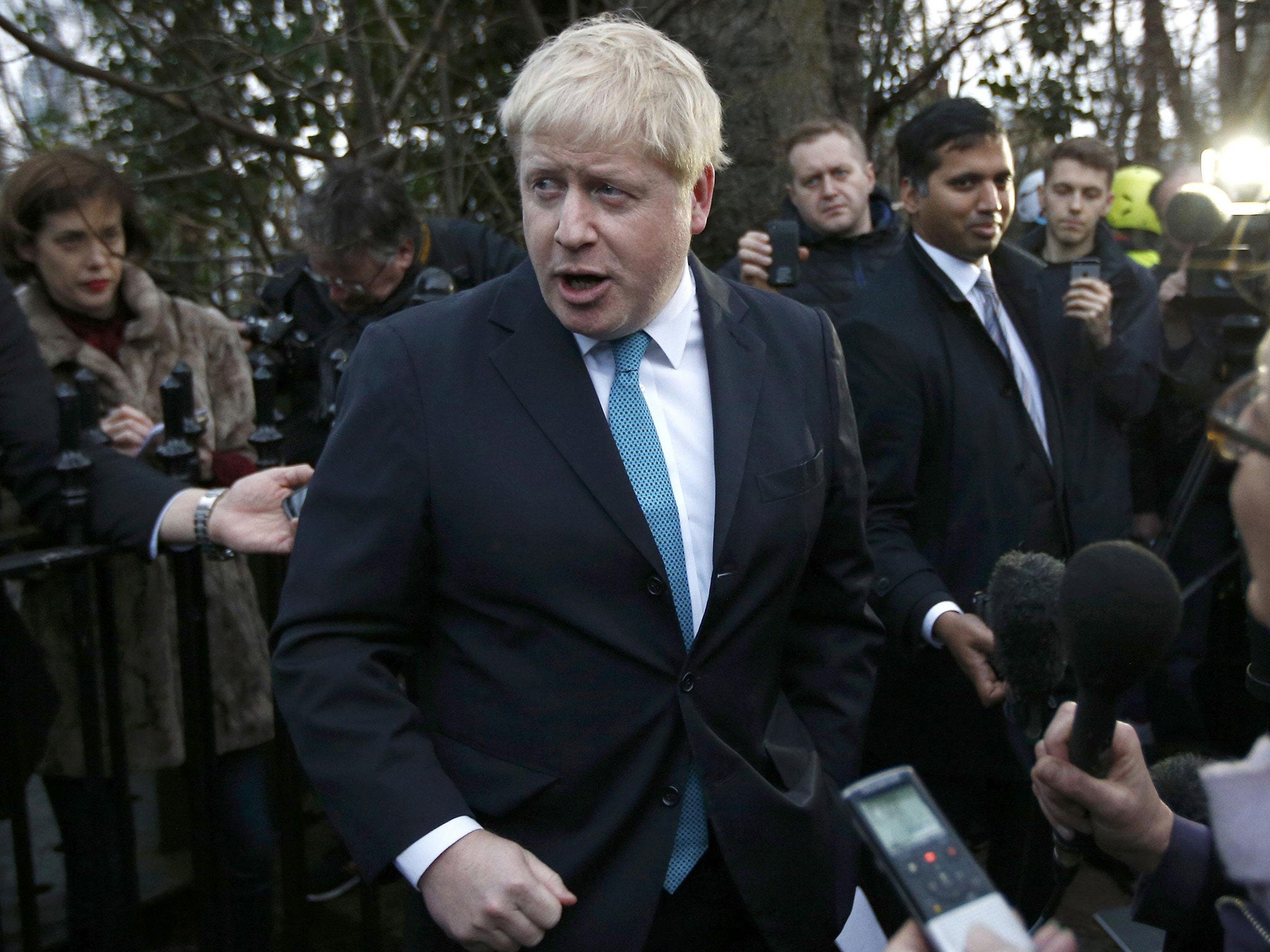 London Mayor Boris Johnson speaks to the media in front of his home in London, Britain February 21, 2016