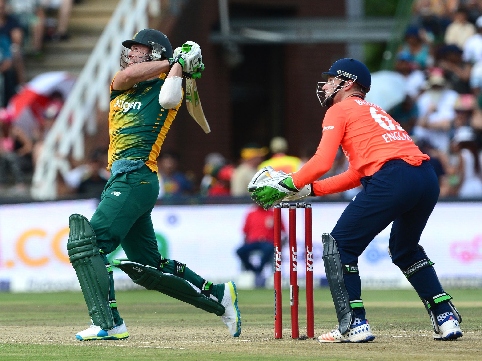 The South Africa captain, AB de Villiers, hits out during his blistering 71 from 29 balls