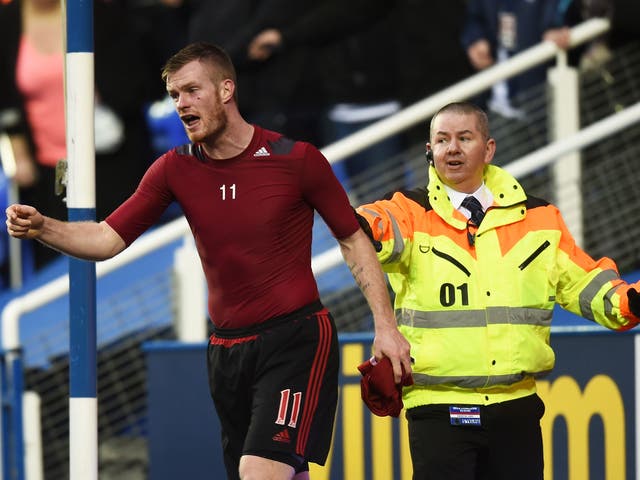 Chris Brunt with a mark under his left eye after being hit by a coin thrown by West Bromwich Albion fans