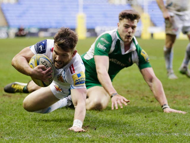 Dave Lewis goes over for Exeter’s only try at London Irish