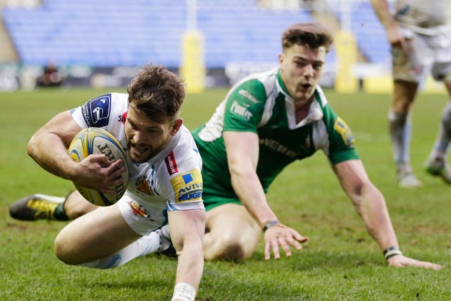 Dave Lewis goes over for Exeter’s only try at London Irish