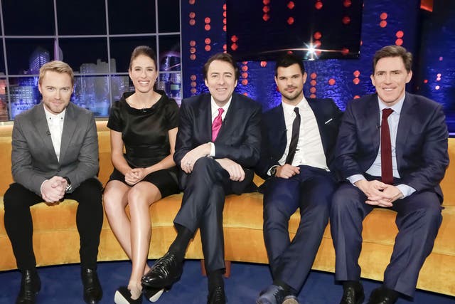 From left to right, Ronan Keating, Johanna Konta, Jonathan Ross, Taylor Lautner, Rob Brydon on 'The Jonathan Ross Show'