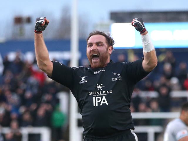 Andy Goode, the Newcastle Falcons flyhalf, celebrates their victory at the final whistle