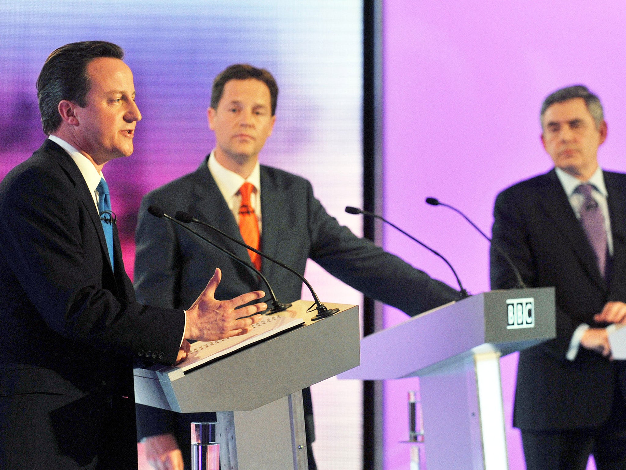 David Cameron, Nick Clegg and Gordon Brown during the BBC TV Debate in 2010