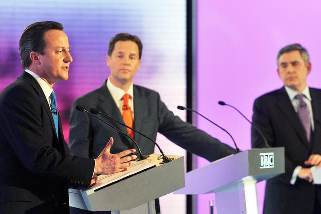 David Cameron, Nick Clegg and Gordon Brown during the BBC TV Debate in 2010