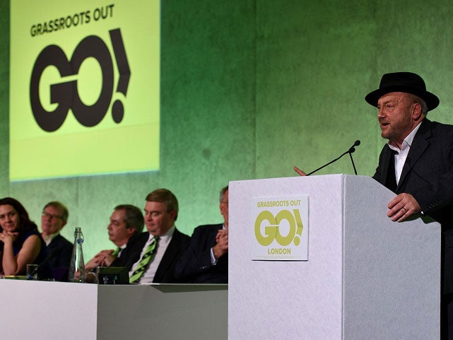 George Galloway speaks during the Grassroots Out rally at the Queen Elizabeth II Conference Centre