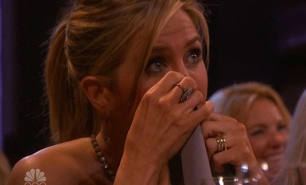 Jennifer Aniston weeps during James Burrows' speech