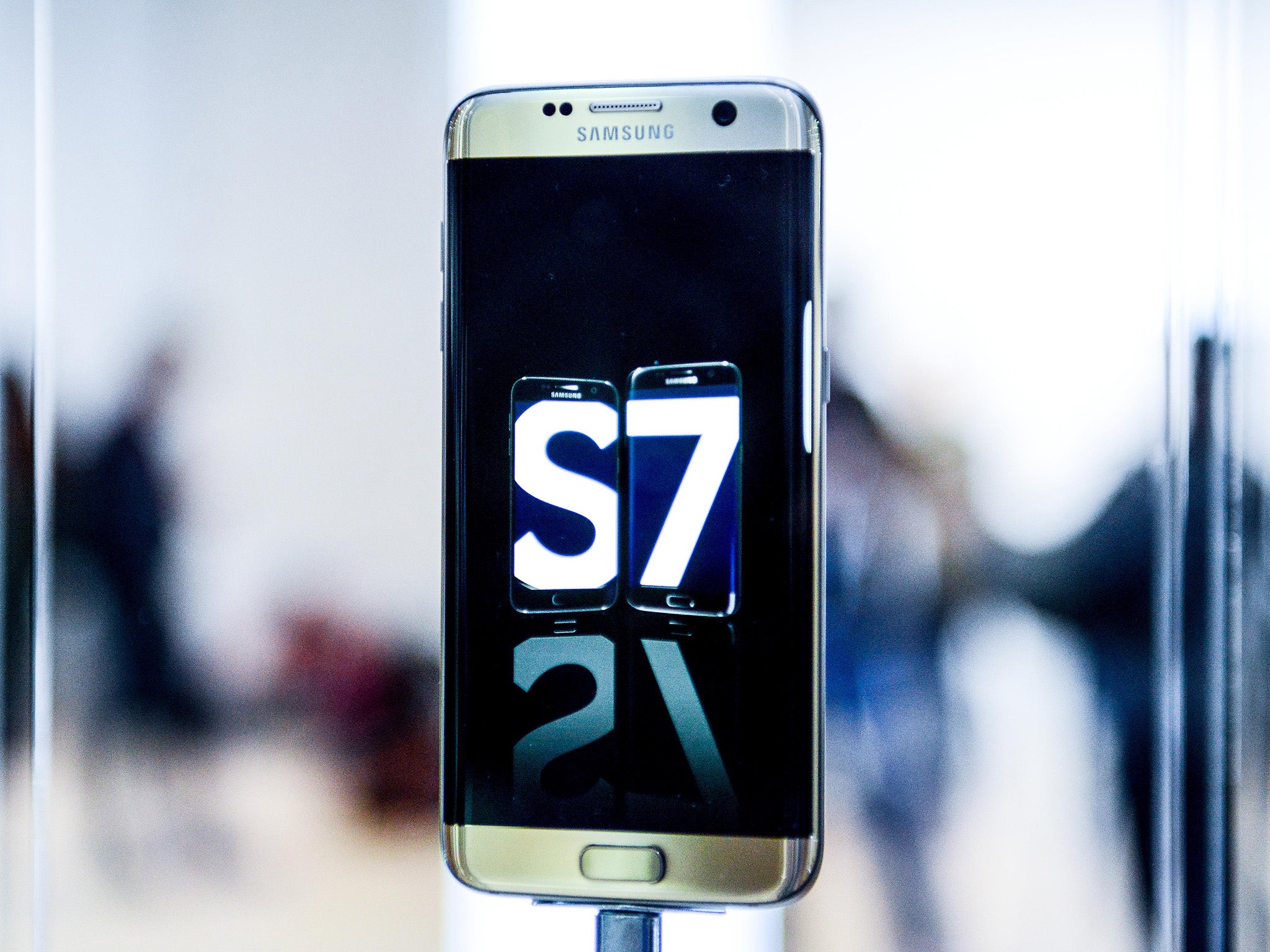 A Samsung Galaxy S7 is seen during its worldwide unveiling on February 21, 2016 in Barcelona.
