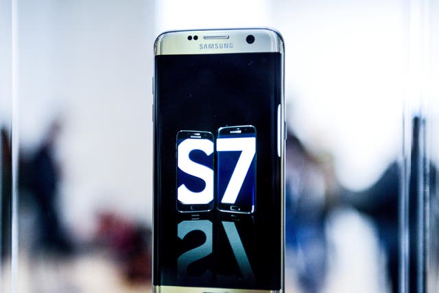 A Samsung Galaxy S7 is seen during its worldwide unveiling on February 21, 2016 in Barcelona.