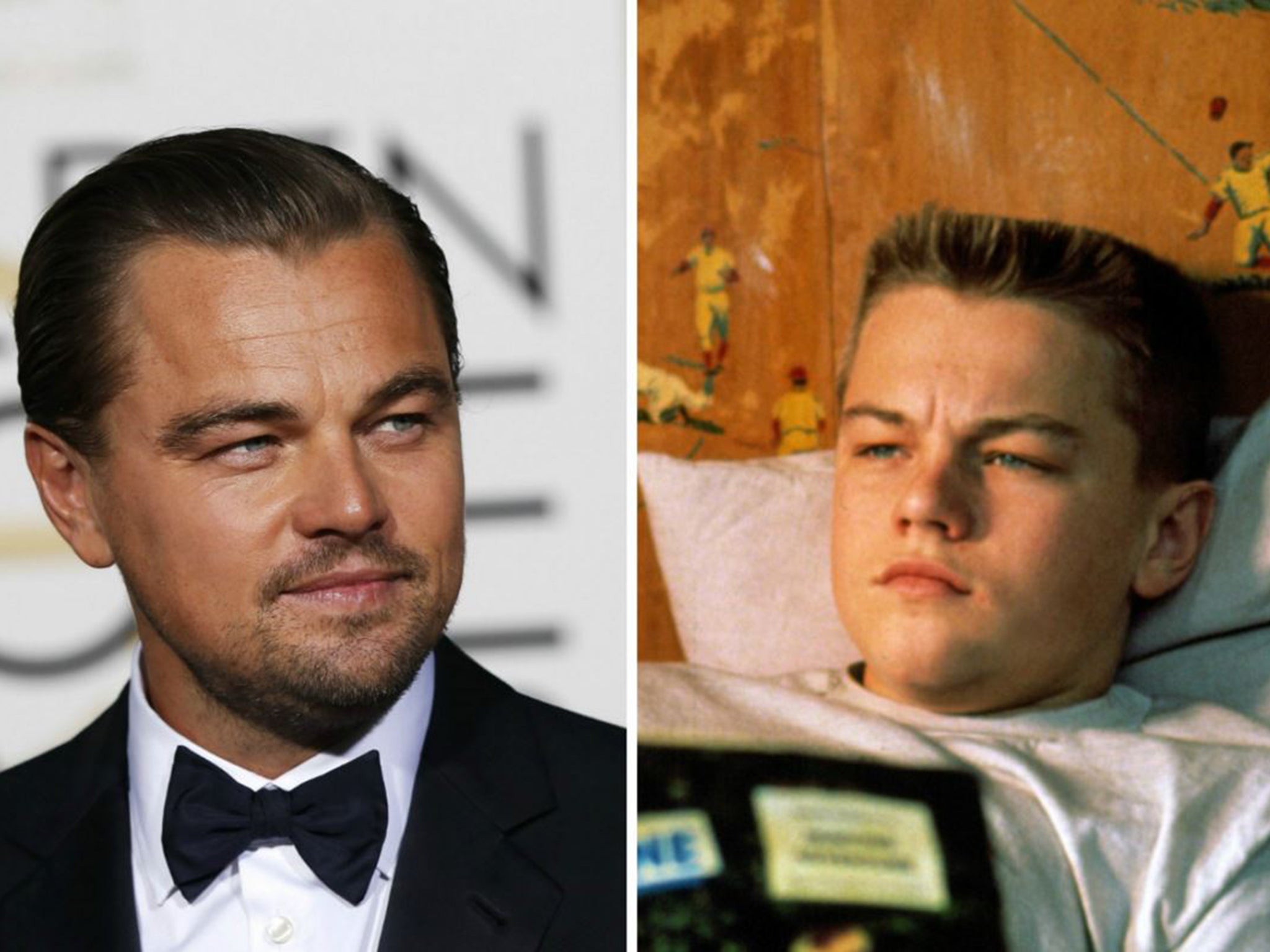 Leonardo DiCaprio at the 2016 Golden Globe, left, and in "This Boy's Life" in 1993