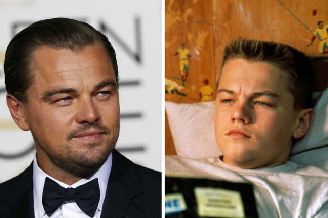 Leonardo DiCaprio at the 2016 Golden Globe, left, and in "This Boy's Life" in 1993