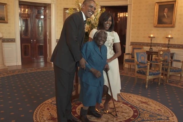 Screengrab taken from undated video footage posted on the Twitter feed of The White House of 106-year-old Virginia McLaurin dancing with President Barack Obama and First Lady Michelle Obama during a Black History Month event at the White House in Washington, DC.