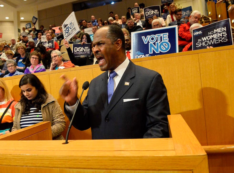 A man speaks against the anti-discrimination ordinance in front of the Charlotte City Council.