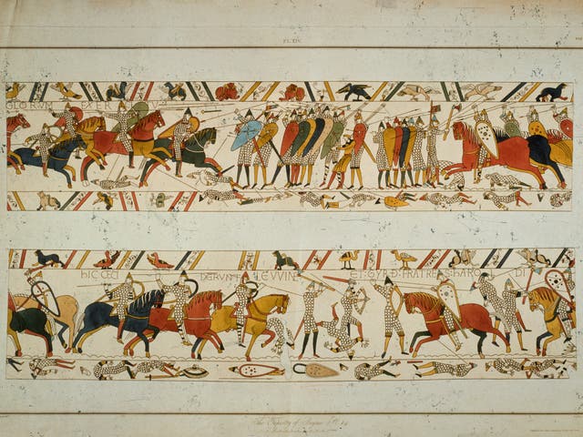 A section of the Bayeux Tapestry, which depicts the Norman Conquest of England and the Battle of Hastings 