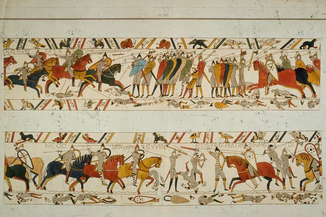 A section of the Bayeux Tapestry, which depicts the Norman Conquest of England and the Battle of Hastings 