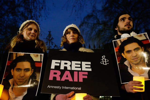 An Amnesty protest outside the Saudi embassy in London last January against the flogging of blogger Raif Badawi