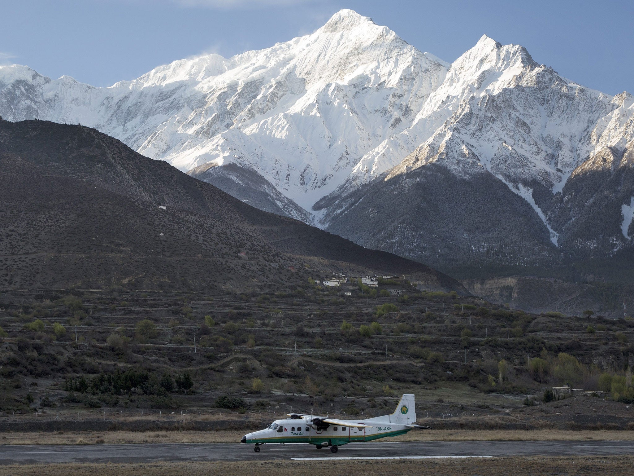 A picture made available on 24 February 2016 shows a twin aircraft of the Tara Airlines landing at Jomsom Airport, in Jomsom, a popular resort town west of Kathmandu, Nepal