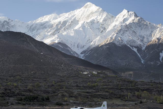 A picture made available on 24 February 2016 shows a twin aircraft of the Tara Airlines landing at Jomsom Airport, in Jomsom, a popular resort town west of Kathmandu, Nepal
