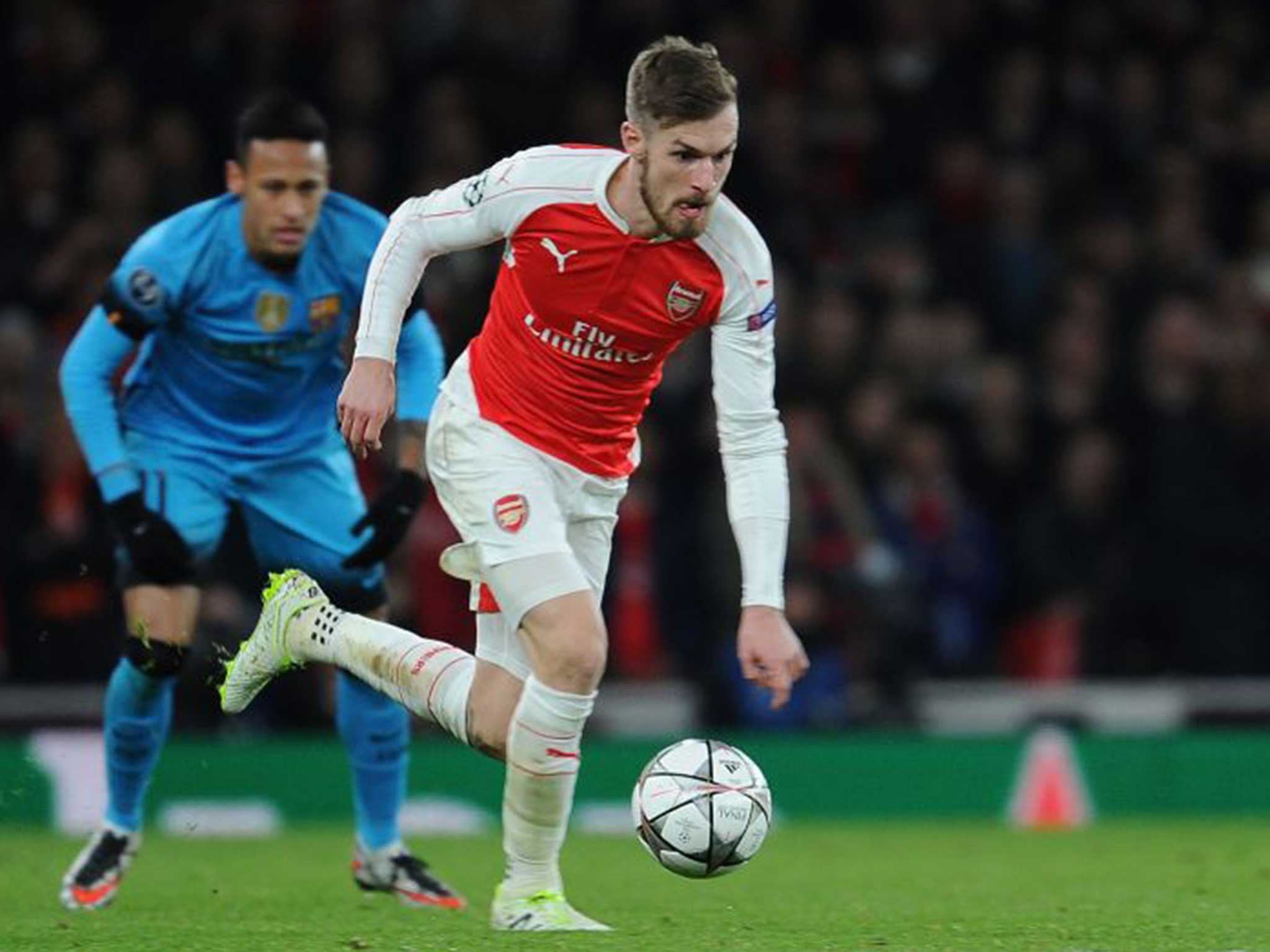 Aaron Ramsey in action against Barcelona in the Champions League