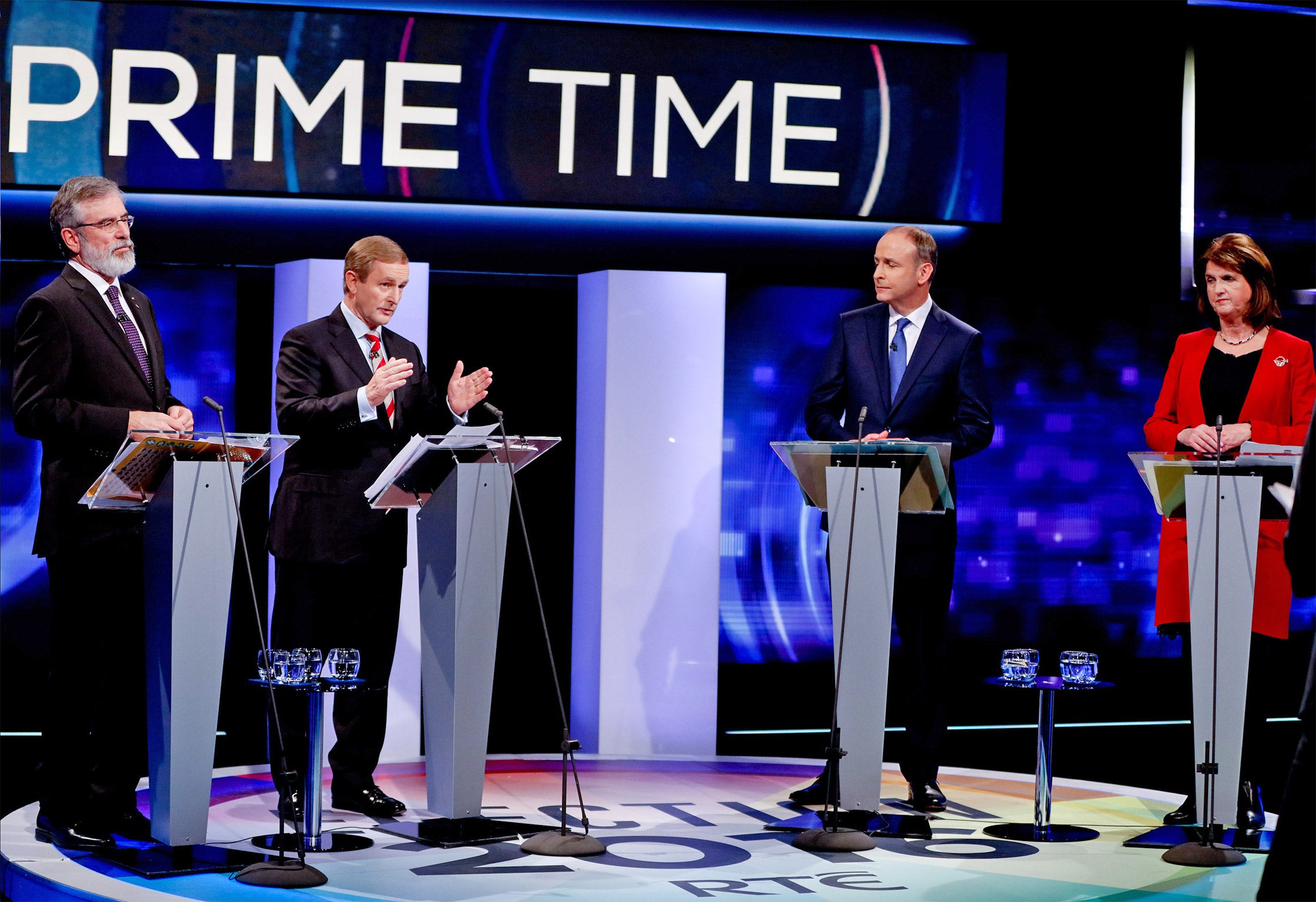 From left: Sinn Fein Leader Gerry Adams ,Taoiseach Enda Kenny, Fianna Fail Leader Micheal Martin and Tanaiste Joan Burton, during Tuesday's televised debate, the last before the election