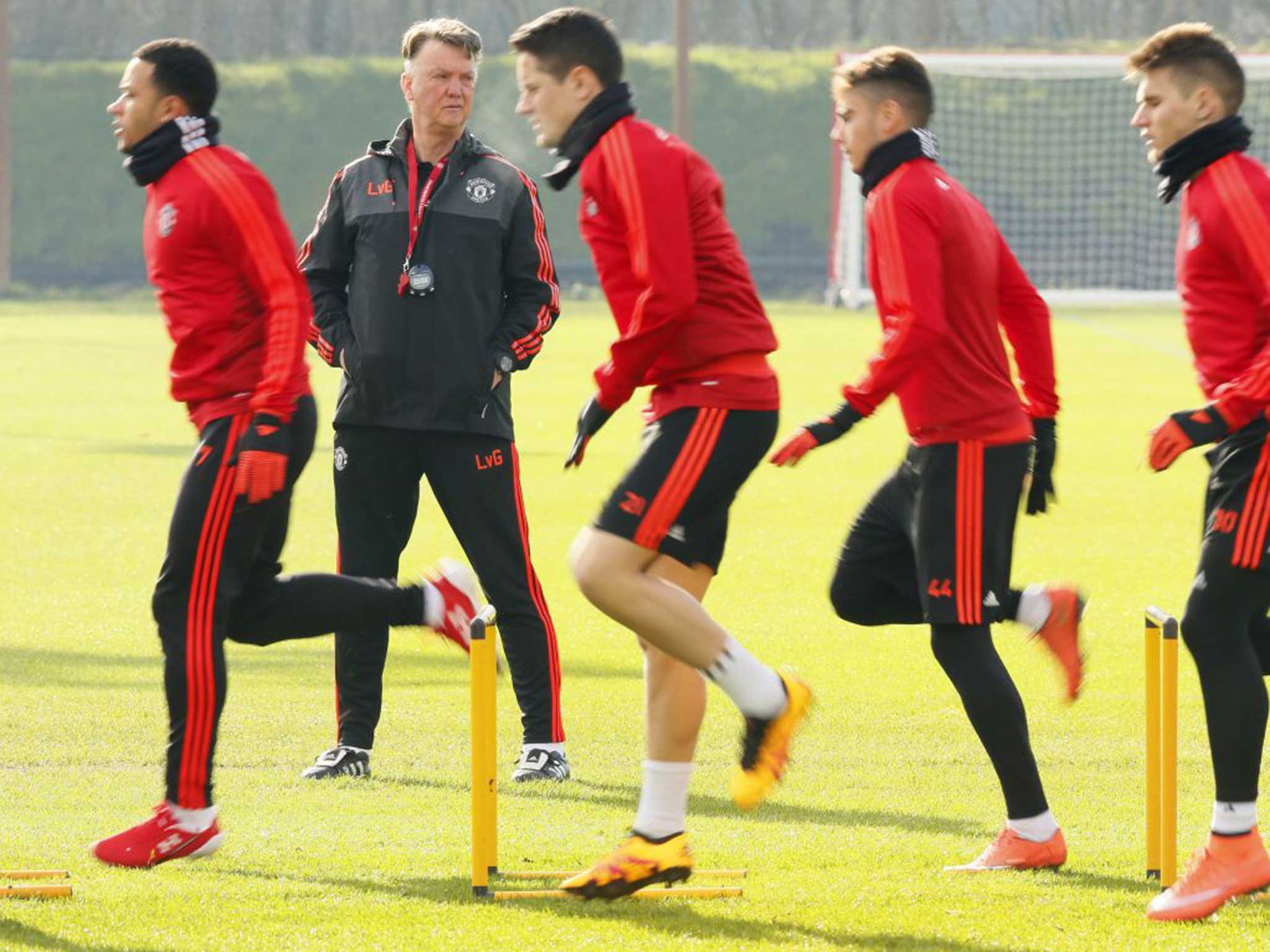 Manchester United manager Louis van Gaal oversees training