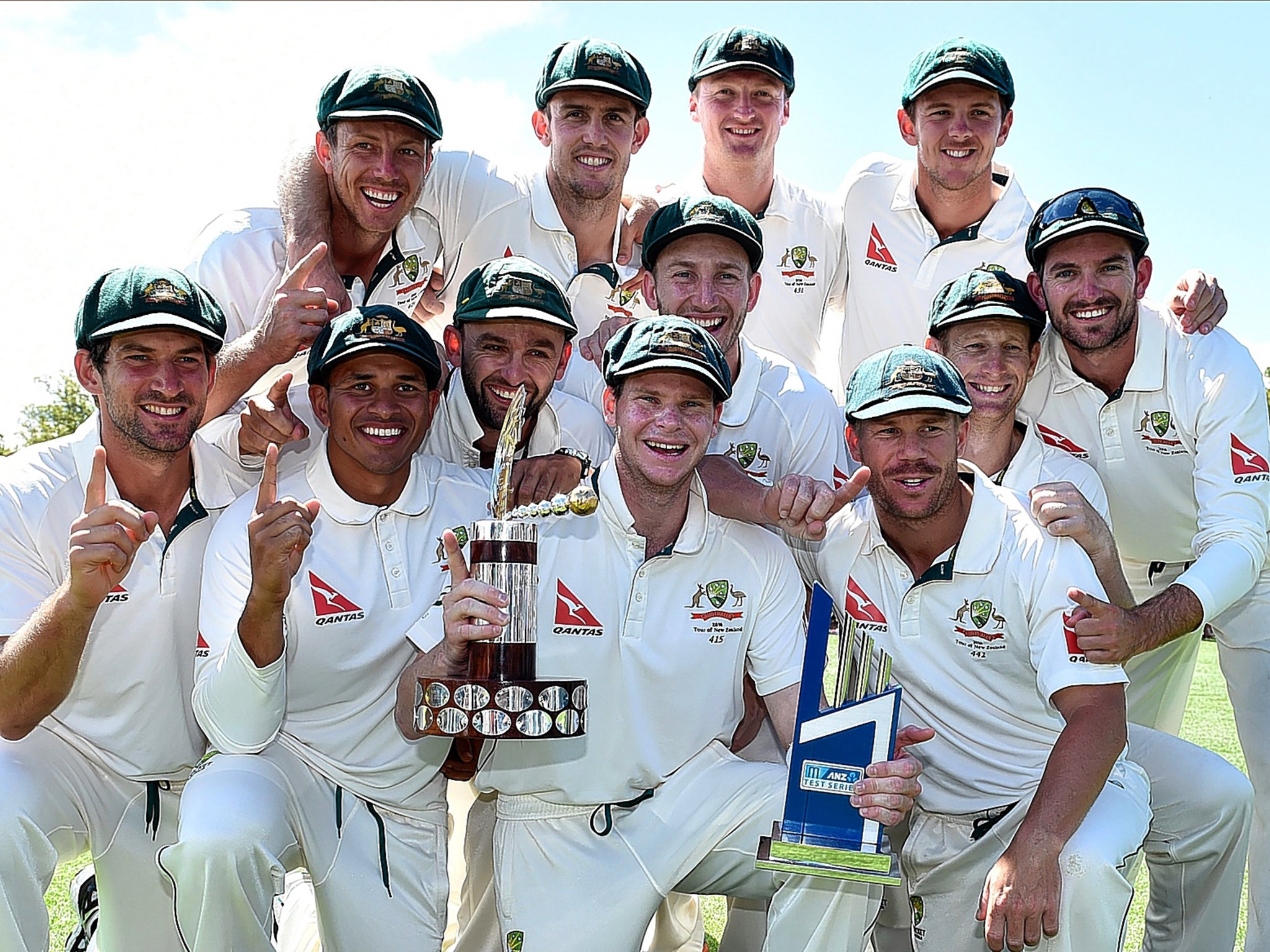 Australia celebrate their series win over New Zealand in Christchurch, a victory which took them back to the top of the Test rankings