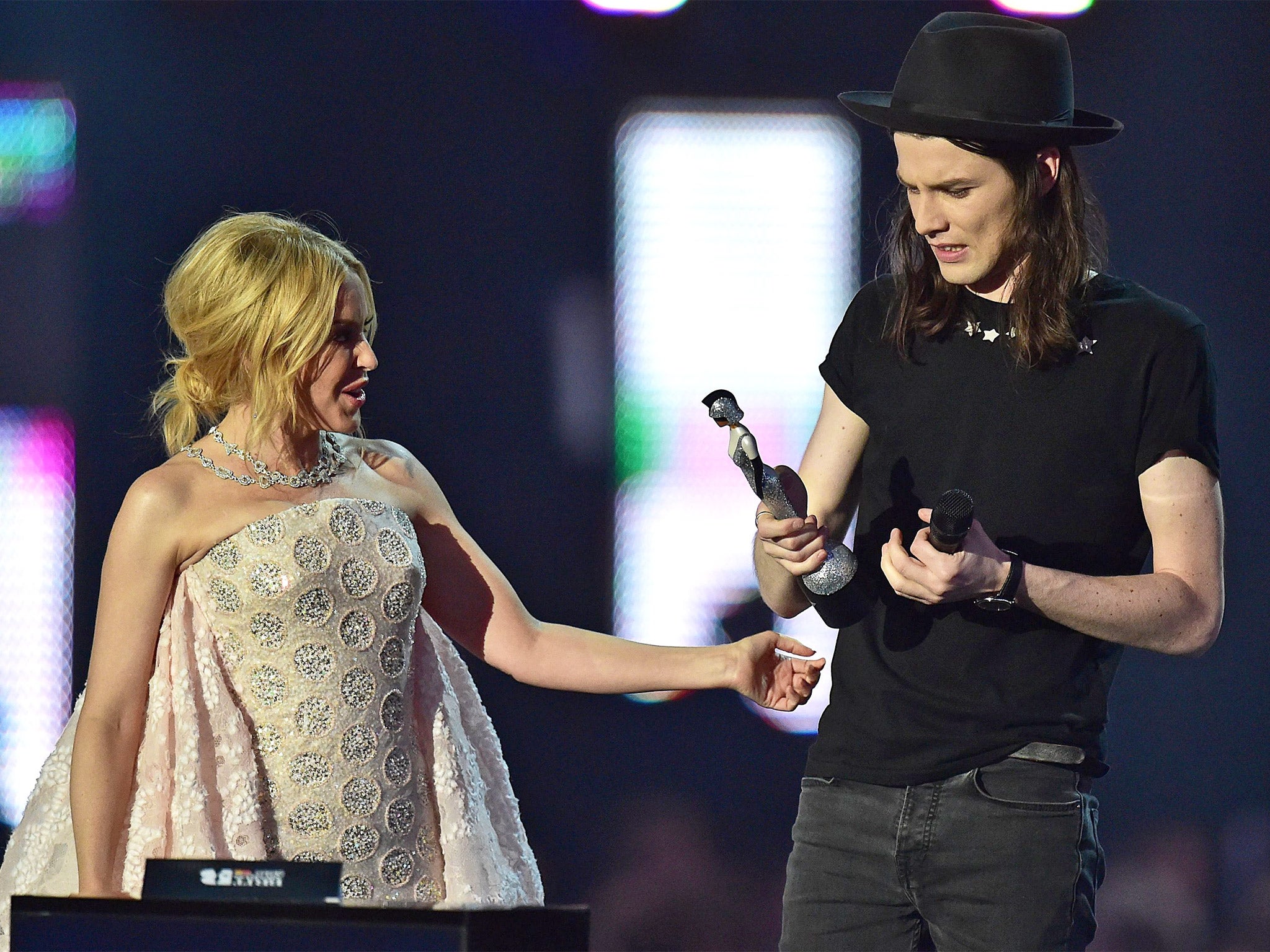 James Bay receives his Best British Male Solo Artist award from Kylie Minogue
