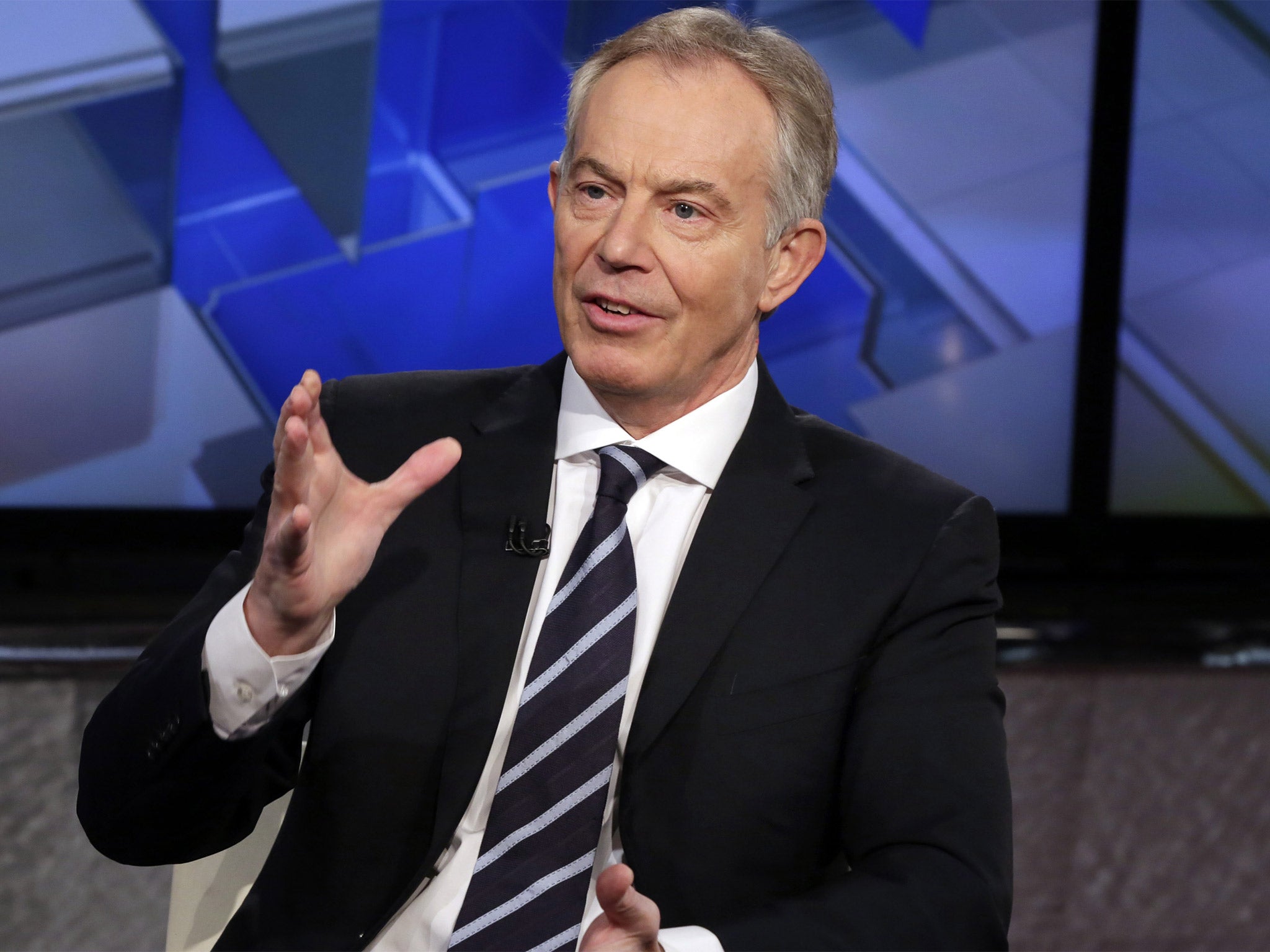 Tony Blair is interviewed by the Fox Business Network, in New York, on Wednesday