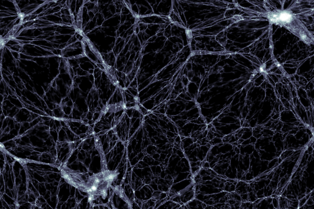 An image showing the distribution of dark matter in a part of the universe, generated by the Illustris simulation