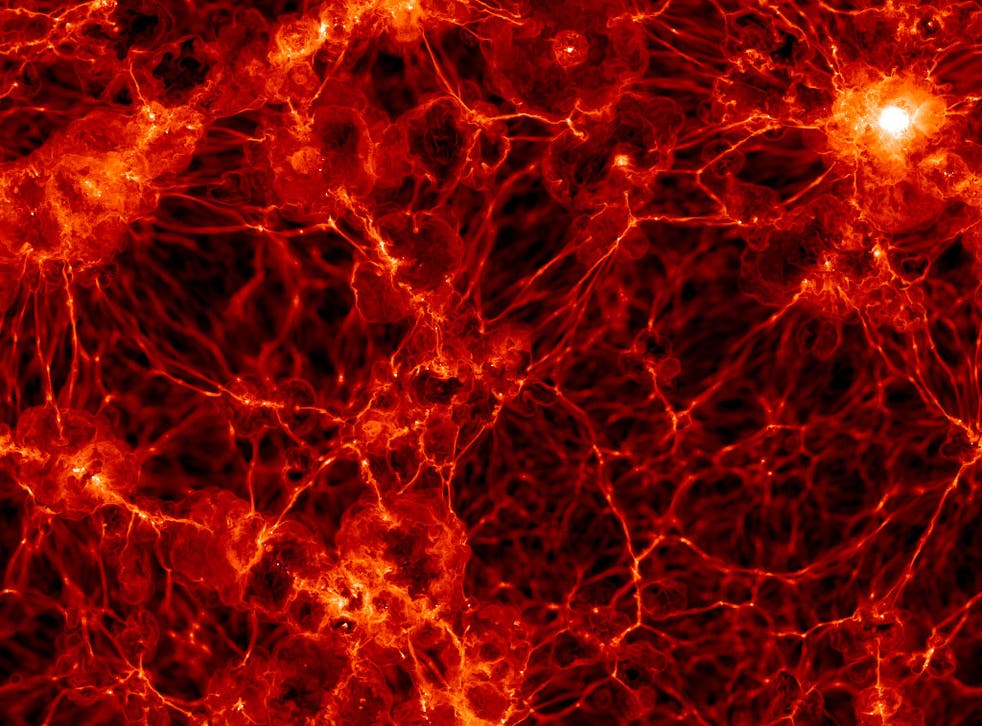An image showing the distribution of normal matter in the universe, generated by the Illustris simulation