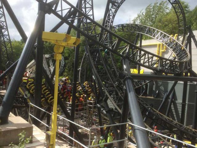 The scene at the Smiler rollercoaster at Alton Towers shortly after the crash last summer