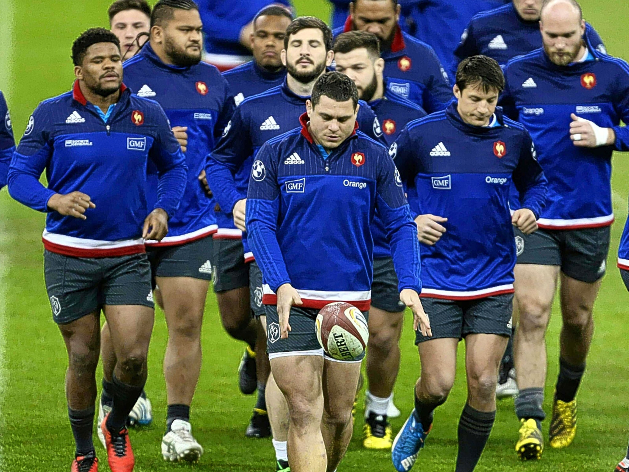 The France captain, Guilhem Guirado, leads the way during training at the Millennium Stadium