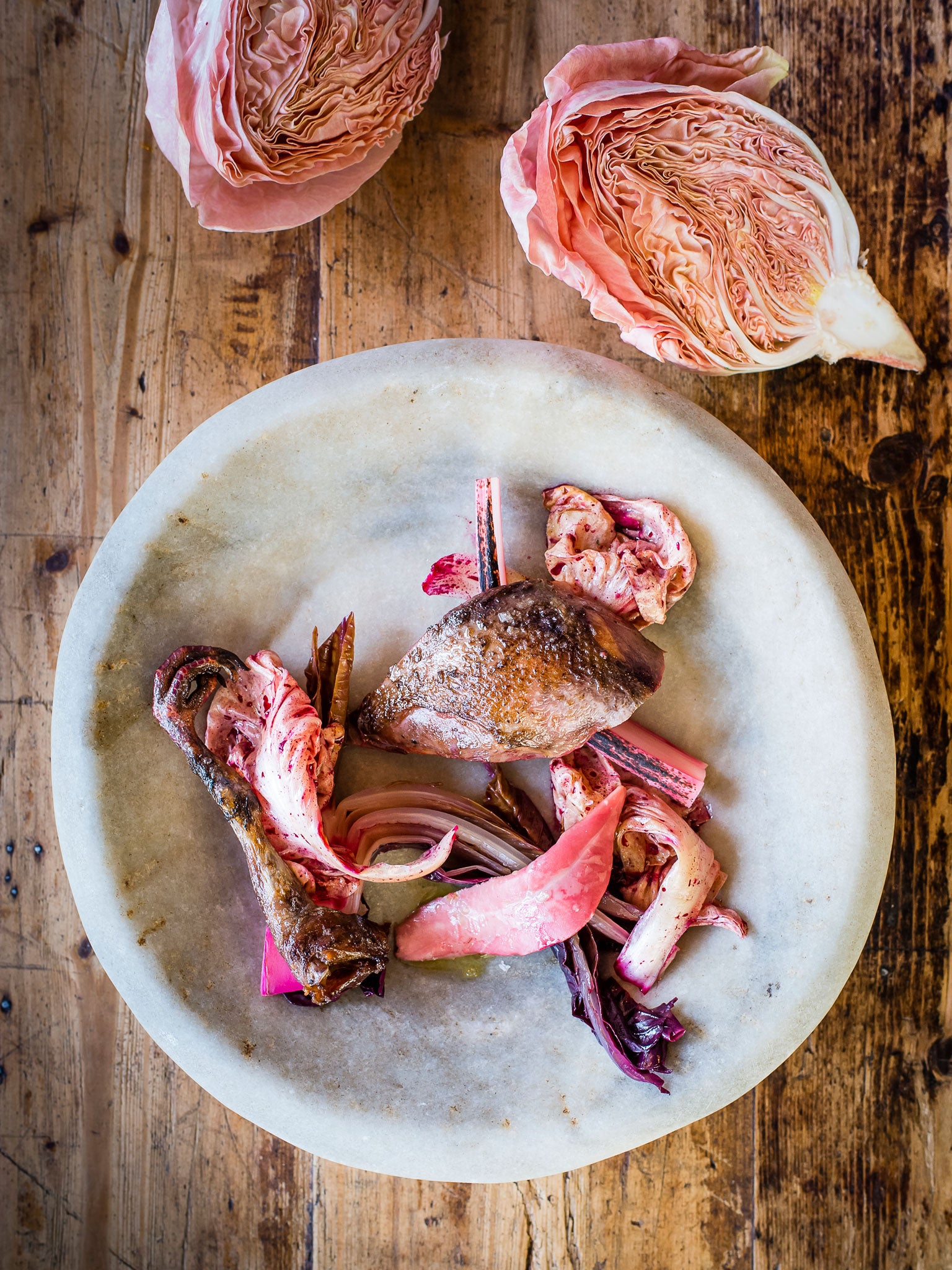 Roast wood pigeon with chicory and rhubarb