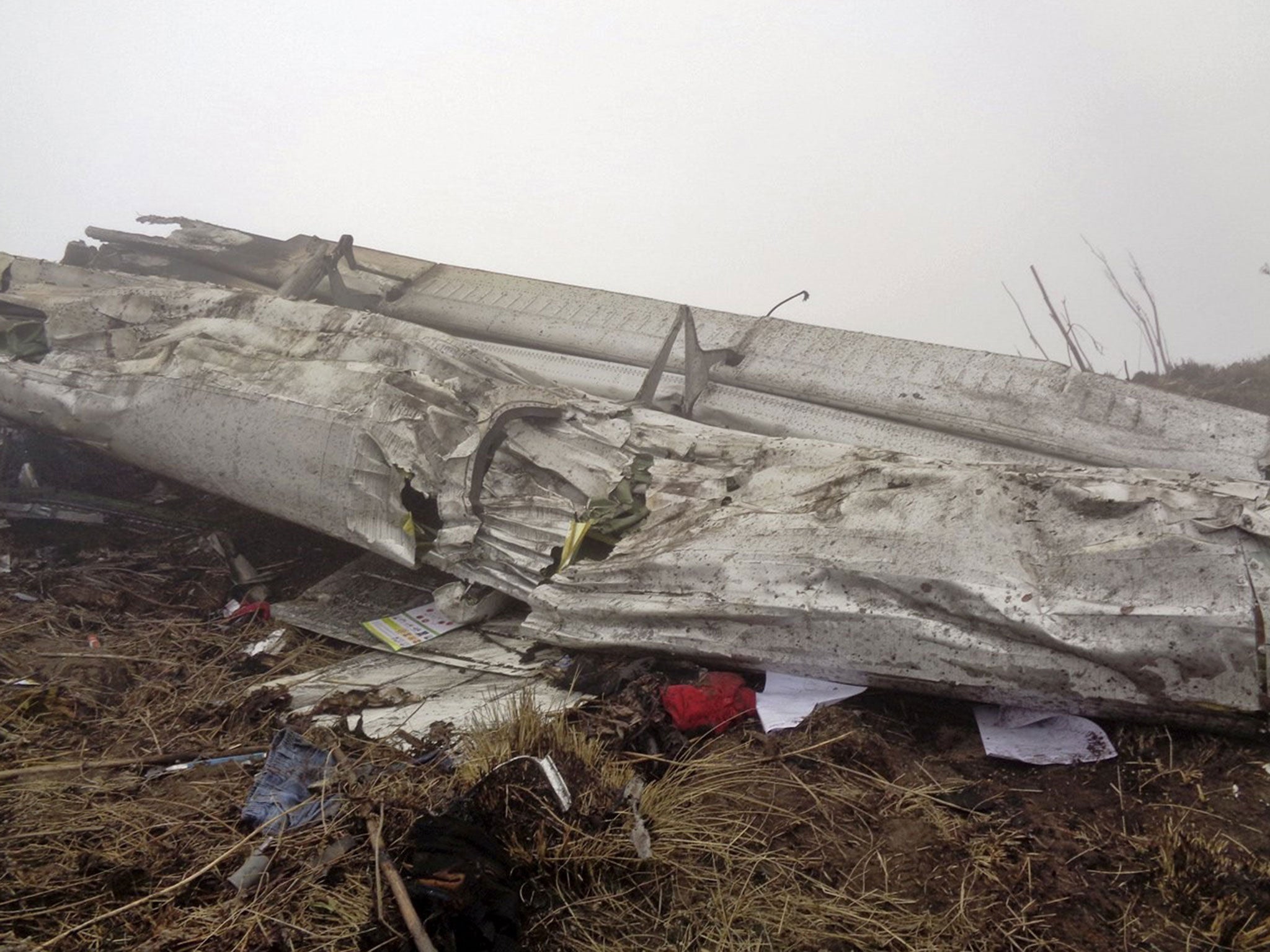 Wreckage of Twin Otter plane, operated by private Tara Air, is pictured after it crashed due to bad weather, in Myagdi, Nepal, February 24, 2016.