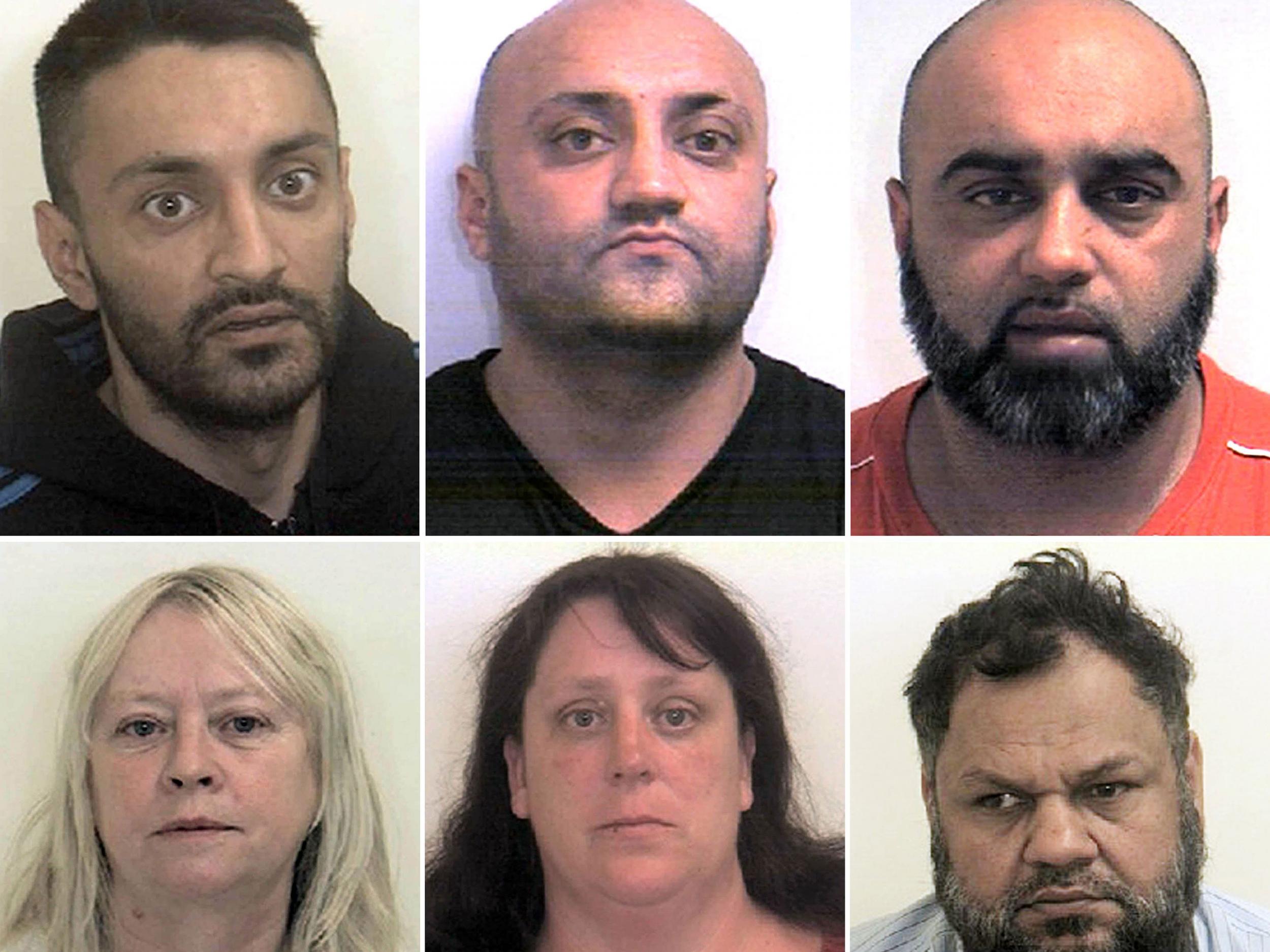 Brothers Arshid Hussain, 40, Basharat Hussain, 39, and Bannaras Hussain, 36, and (left to right bottom) Karen MacGregor, 58, (left), Shelley Davies, 40, and Qurban Ali, 53, were sentenced to a combined 103 years in prison