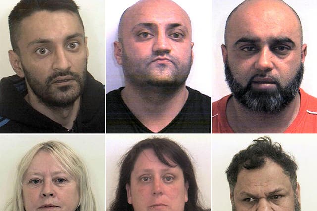 Brothers Arshid Hussain, 40, Basharat Hussain, 39, and Bannaras Hussain, 36, and (left to right bottom) Karen MacGregor, 58, (left), Shelley Davies, 40, and Qurban Ali, 53, were sentenced to a combined 103 years in prison