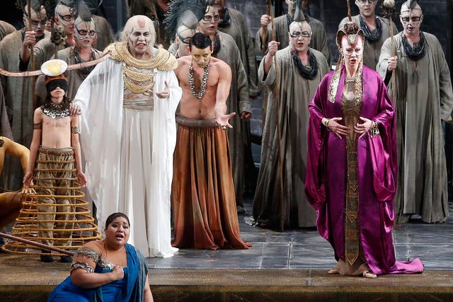 Opera singers perform in a production of Aida at the Palau de Les Arts in Valencia, Spain