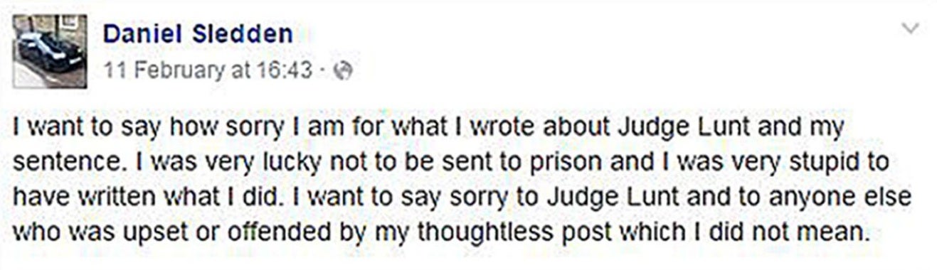 The apology later posted on Facebook, for his original post, by Daniel Sledden