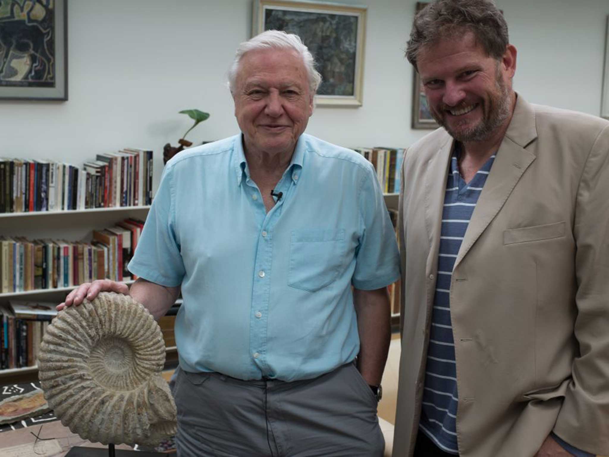 Hanlon, right, with Sir David Attenborough, patron of his Jurassica project