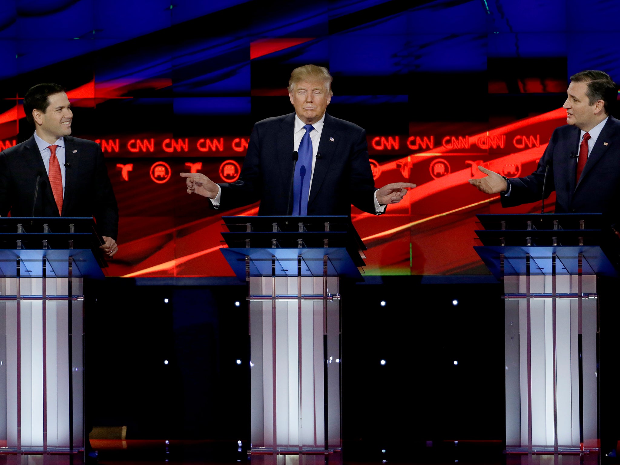 Republican presidential candidates, Sen. Marco Rubio, Donald Trump and Sen. Ted Cruz during the Republican presidential debate at the Moores School of Music at the University of Houston in Houston, Texas. The debate is the last before the March 1 Super Tuesday primaries.