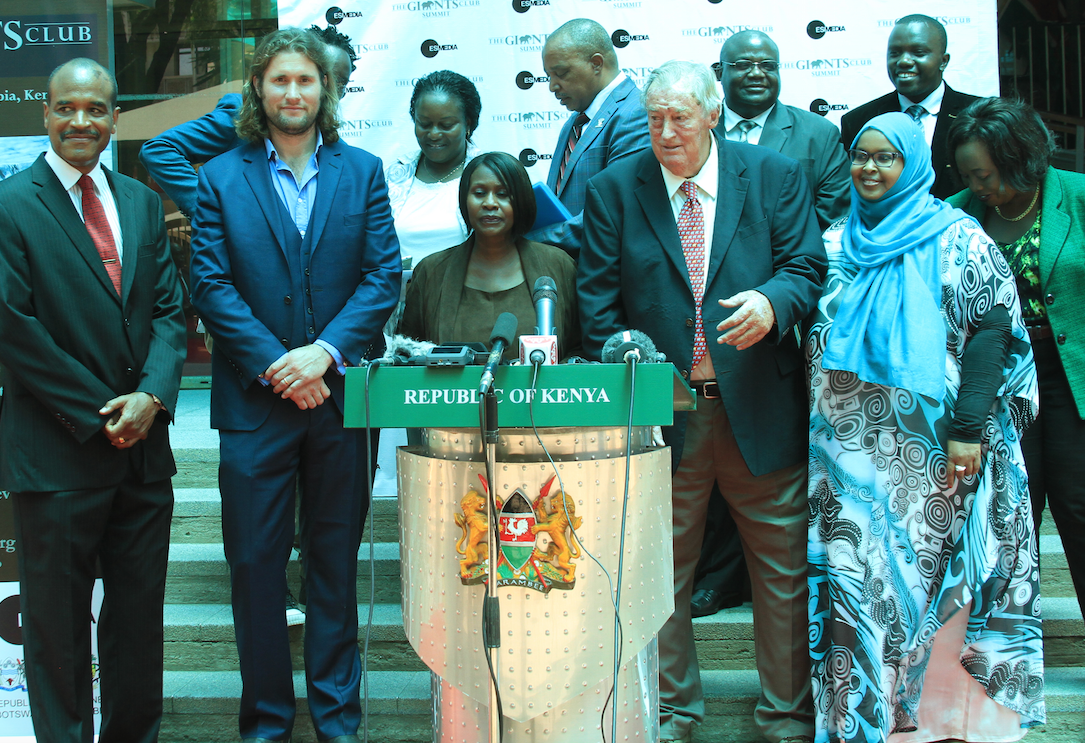 Judi Wakhungu at the launch of the Giants Club Summit, flanked by Richard Leakey, Max Graham and The Director General of the KTS