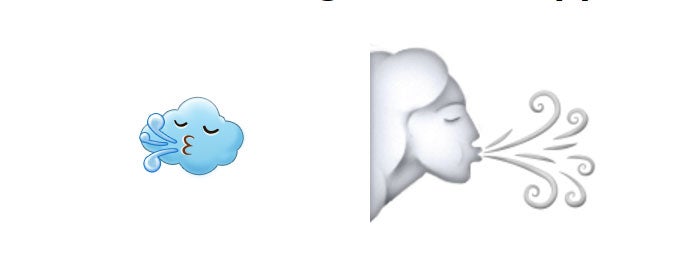 Samsung's take on the 'Wind Blowing Face' emoji (left), and Apple's (right) (Pic: Emojipedia)