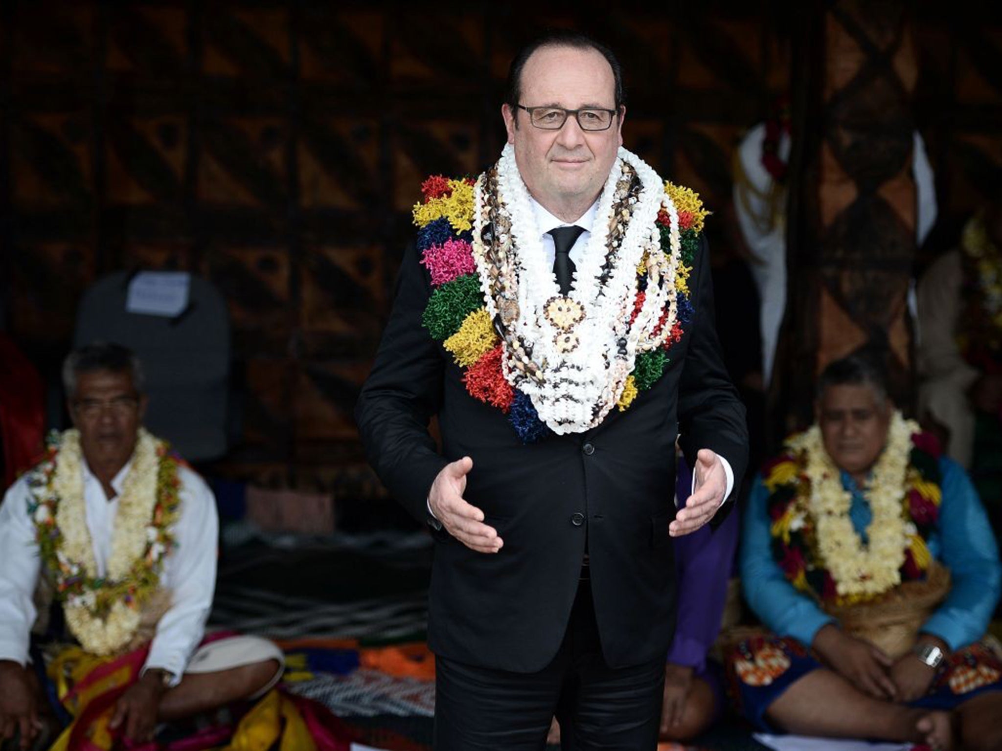 French President Francois Hollande delivers a speech during a ceremony by "la grande chefferie du royaume d'Uvea" (Uvea's Kingdom high chiefdom) in Wallis island in the French overseas territory of the Wallis and Futuna Islands during a two-days visit.
