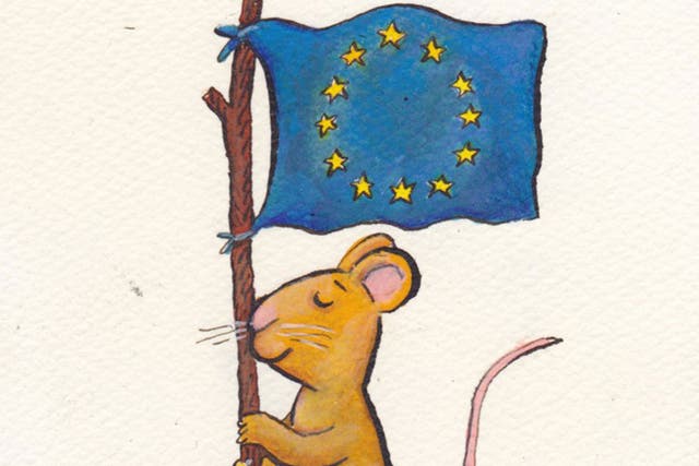 Illustrator Axel Scheffler drew a picture of a mouse holding the EU flag to accompany his blog post, entitled 'Without the EU, there would be no Gruffalo'