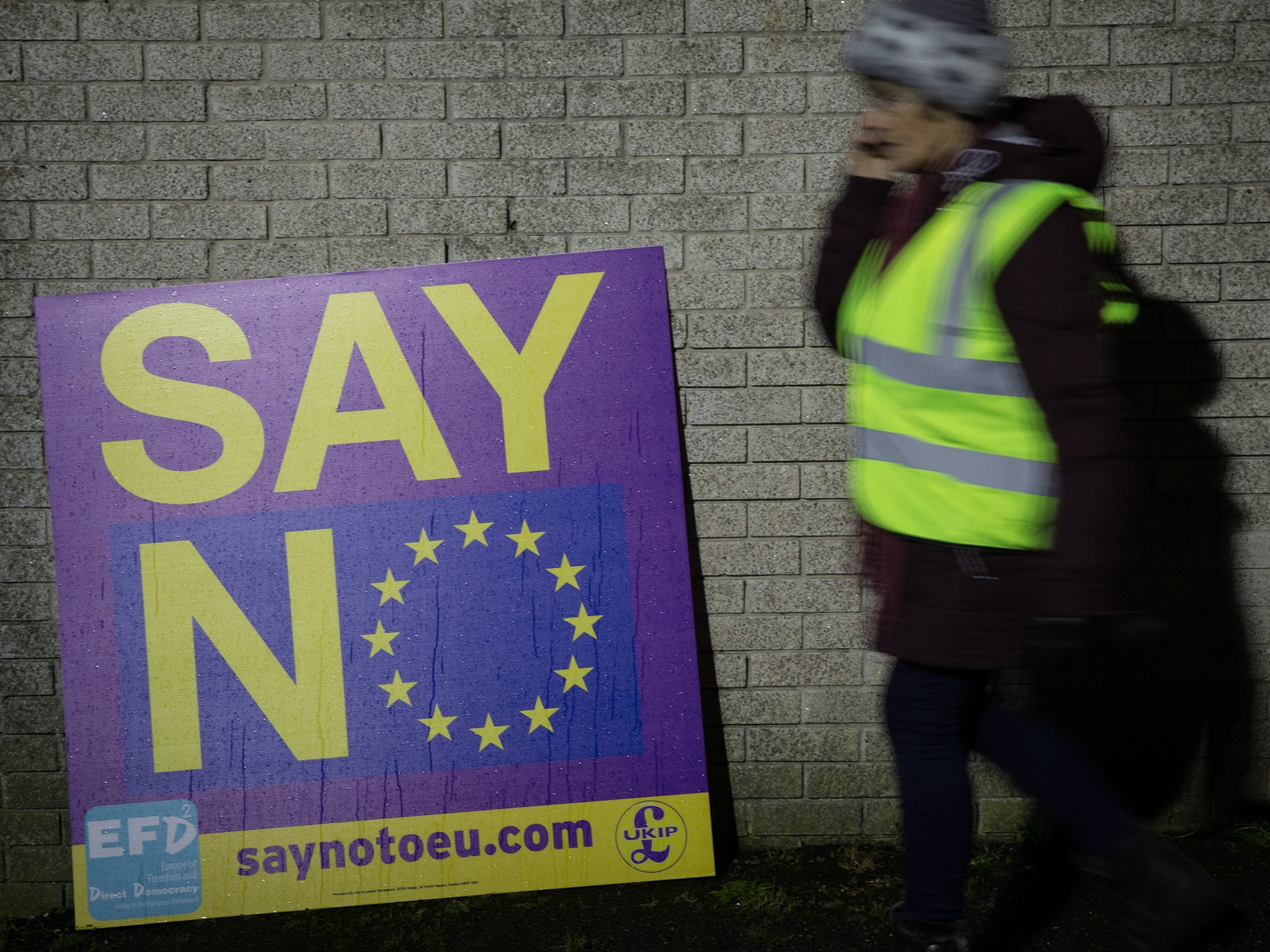 Rain drops run down the front of a European Union flag on a anti-EU banner at a Say NO, Believe in Britain debate at Carn Brea Leisure Centre in Pool near Redruth, Cornwall.