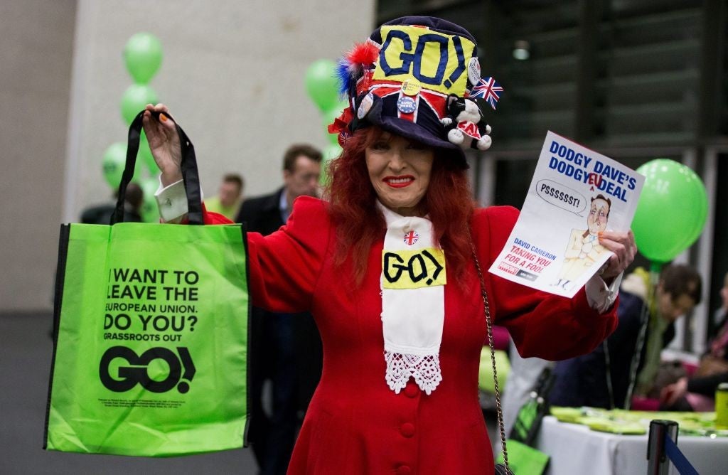 Lady posses during the Grassroots out public meeting in London, Britain. Grassroots Out, or GO for short, is made up of politicians and supporters from across the political spectrum, with a single aim: to get the United Kingdom out of the European Union.