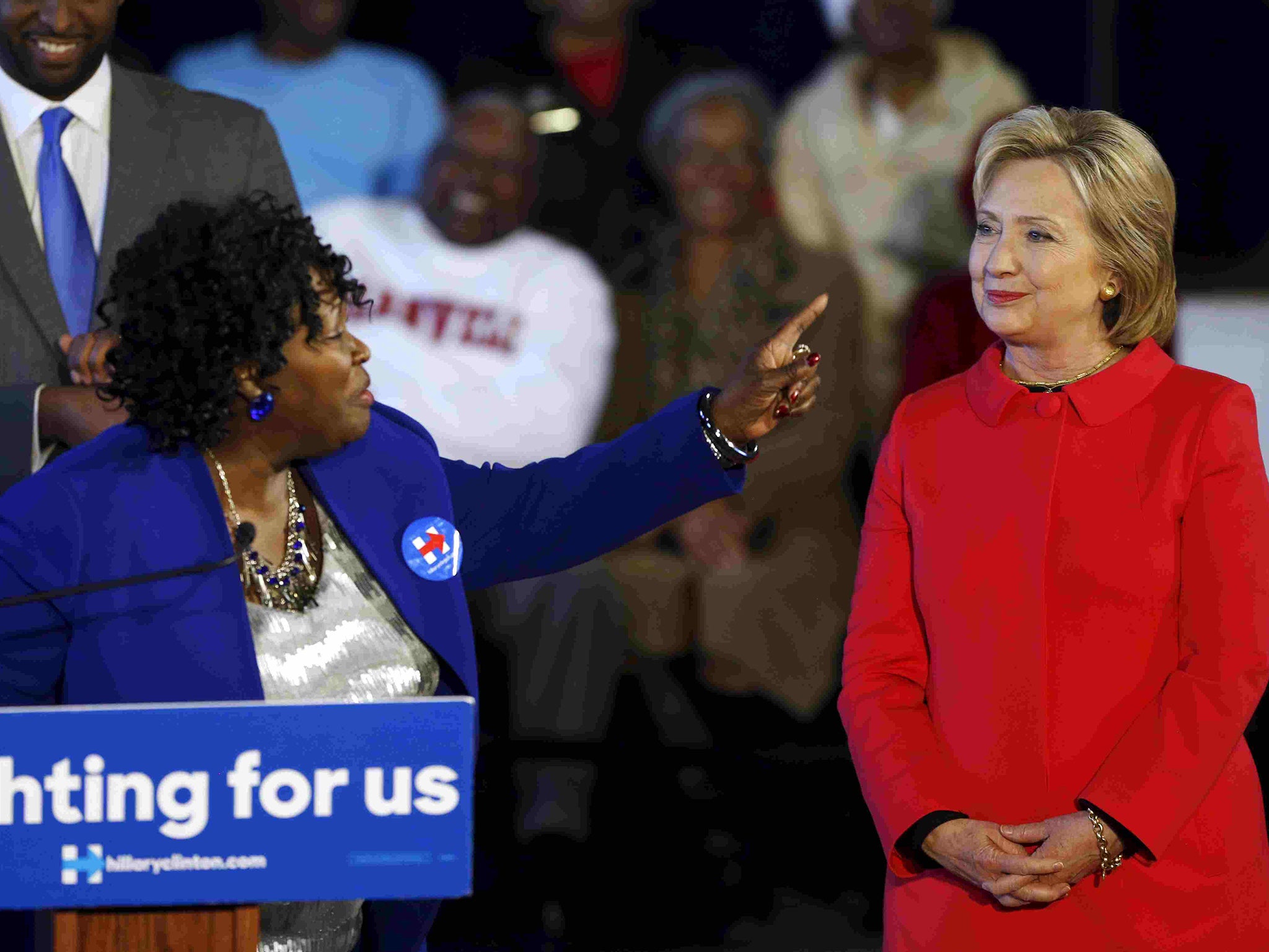 Bamberg County Schools Superintendent Thelma Sojourner (L) introduces Democratic U.S. presidential candidate Hillary Clinton during a forum at Denmark-Olar Elementary School in Denmark, South Carolina,